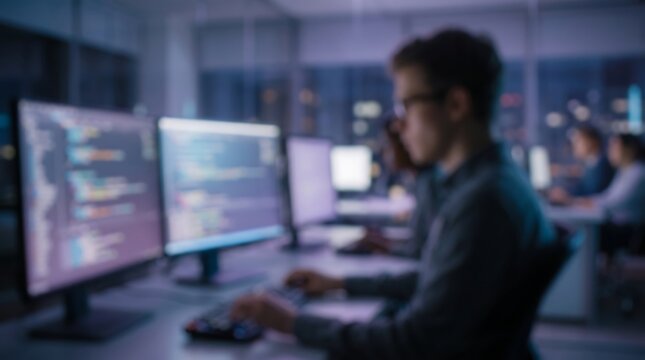 Blurred software developer working on multiple monitors in dark office at night displaying source code for complex web application development and professional programming tasks