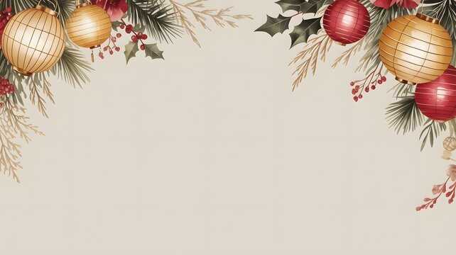 Decorative festive frame featuring glowing paper lanterns alongside elegant winter foliage and red holiday holly berries