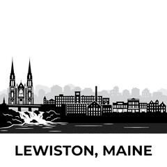 Naklejka premium Lewiston Maine Skyline Silhouette - A Historic Mill City on the Androscoggin River Vector Illustration