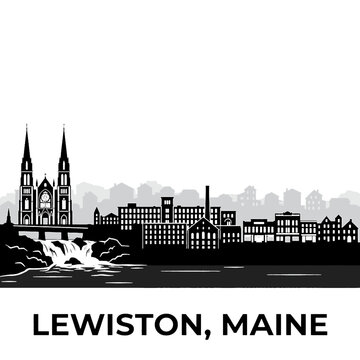 Lewiston Maine Skyline Silhouette - A Historic Mill City on the Androscoggin River Vector Illustration