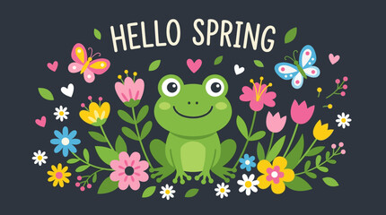 Fototapeta premium Cute cartoon frog sitting surrounded by colorful spring flowers and butterflies with hello spring greeting text overhead.
