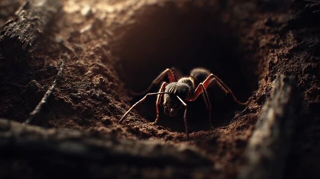 Macro shot of a single ant emerging from its dark earthen burrow, with detail in legs & head
