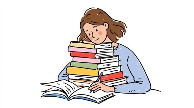 Tired female student resting on a stack of books while studying, illustrating academic stress and exam preparation