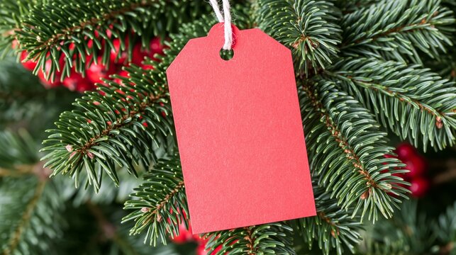 Blank red gift tag hanging among lush fir branches, ideal for Christmas sale, pricing and holiday message concepts