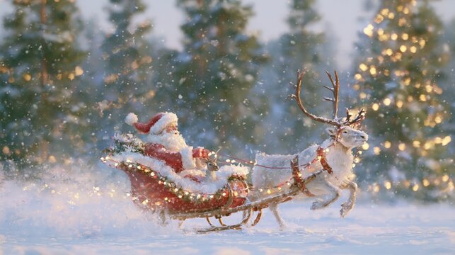 Santa Claus riding through a snowy forest in a reindeer-drawn sleigh illuminated by warm festive lights