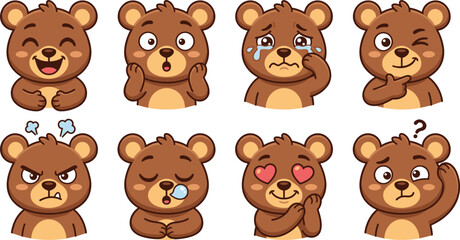 Fototapeta premium Cute cartoon brown bear face avatar set with various facial expressions and emotions including happy surprised crying winking angry sleeping in love and confused vector illustration 