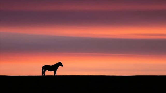 A lone horse silhouette stands on a horizon under a vibrant, layered sunset