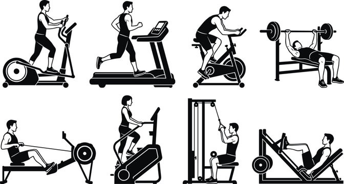 Gym equipment and workout black silhouette vector icon set featuring people training on treadmill stationary bike bench press rowing machine stair climber leg press and lat pulldown