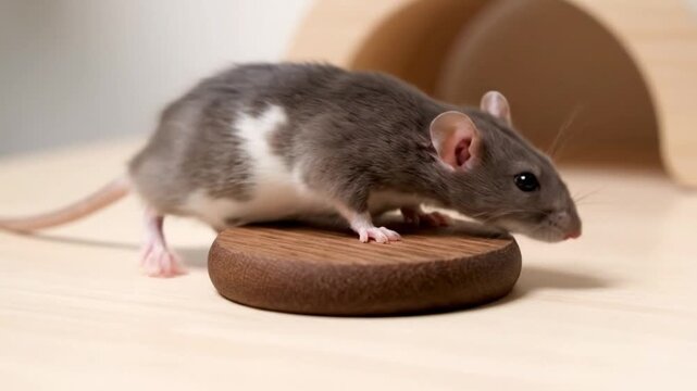 Intelligent grey pet rat learning trick balancing on a small wooden pedestal