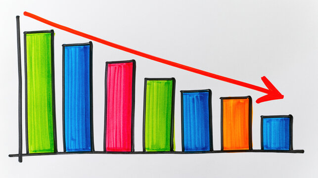 Hand drawn bar chart showing colorful descending bars with red arrow on white background, conveying decline, reduction, performance analysis, and downward trend in business data