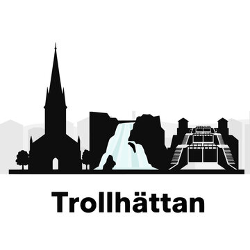 Trollh&auml;ttan Sweden Skyline Silhouette - The Waterfall City on the G&ouml;ta &Auml;lv Vector Illustration