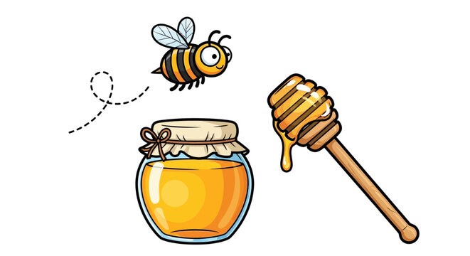 Cartoon honey jar with cute bumble bee, sweet organic honey dipper stick, golden nectar in glass pot, vector illustration for food packaging
