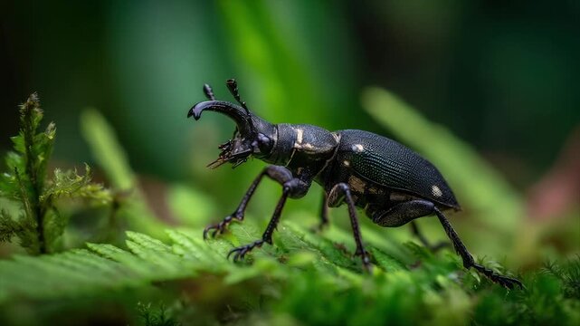 A macro shot of a black beetle with large horns on fern leaves, forest backdrop