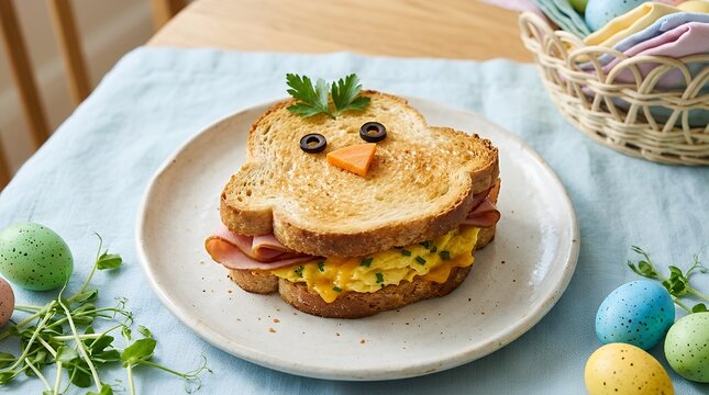 Festive Easter Season Toast Sandwich Shaped Like A Cute Chick With Ham And Omelette Fillings sandwich easter chick bird food creative breakfast fun snack holiday festive ham cheese omelette egg cute