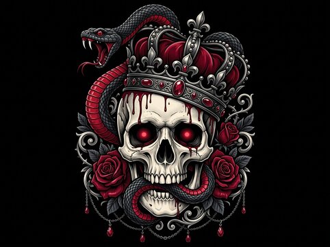 Skull with Crown and Snake Vector Illustration