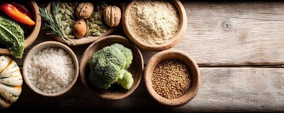 A collection of nutritious foods, including grains, vegetables, and spices, arranged in wooden bowls on a textured surface