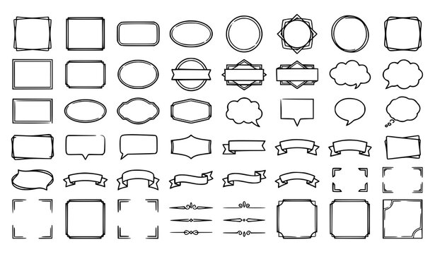 Big collection of thin line frames badges circle labels ribbon banners speech bubbles and corner borders for text, outline vector set