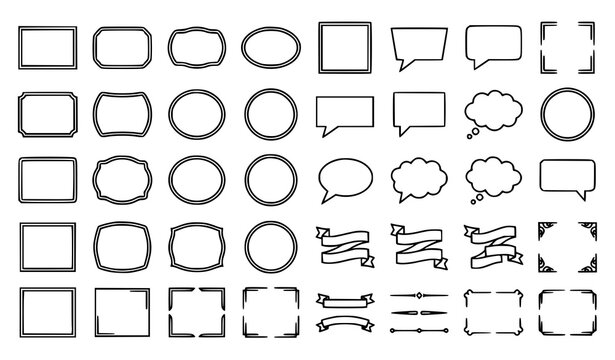 Big collection of thin line frames circle labels speech bubbles thought clouds ribbon banners and dashed corner borders for text, outline vector set