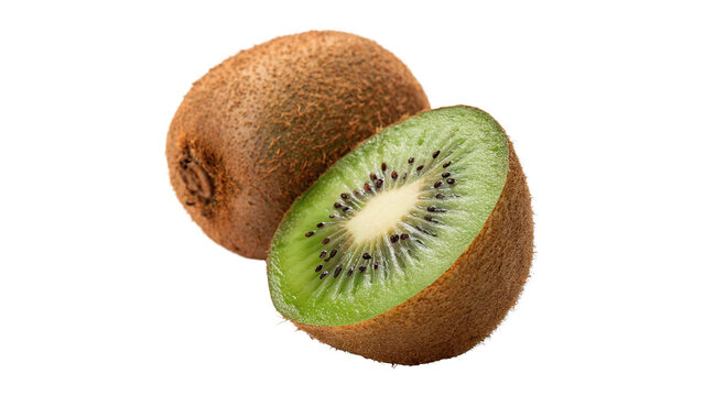 Whole kiwi fruit with a fresh sliced half isolated on transparent background.