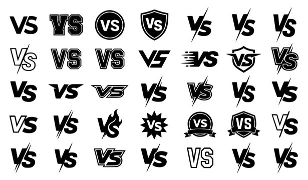 Big set of VS versus icons with shield badge circle lightning bolt fire flame and star burst elements, black sports icon collection