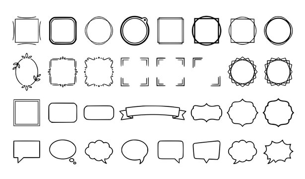 Big collection of blank frames labels borders ribbon banners badges and speech bubbles for text, simple line icon set illustration