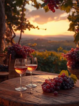 Rose Wine and Grapes on Rustic Table at Vineyard Sunset