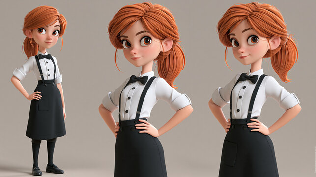 A 3D character sheet presenting a cute female character with red hair in a high ponytail, wearing a white shirt, black bow tie, and suspender skirt, in three poses.