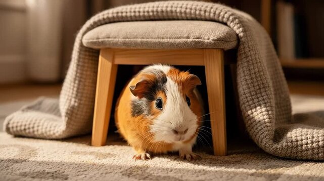 Adorable guinea pig peeking shyly from under a cozy blanket and wooden stool.