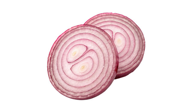 Fresh cut slices of red onion root isolated on transparent background.