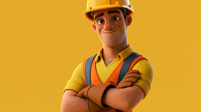 A friendly 3D render of a confident cartoon construction worker smiling with arms crossed, wearing a yellow hard hat and an orange safety vest.