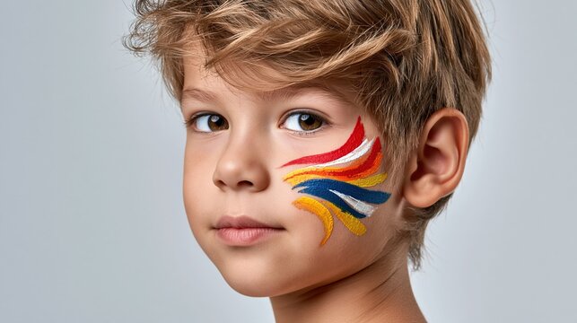 Young boy with colorful face paint stripes on cheek, looking at camera with a neutral expression