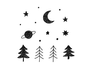 Hand drawn night sky with crescent moon stars planet and pine trees doodle isolated on transparent background. For night forest landscape, camping, celestial, astrology, and outdoor adventure designs. © Iryna
