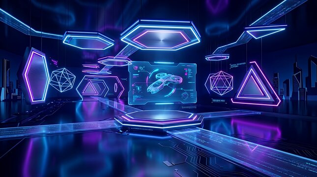 Sci Fi Virtual Exhibition Platform Featuring Luminous Neon Geometric Elements And Cyberpunk Glow For Item Demonstration futuristic showcase 3d render neon glow abstract geometric technology banner