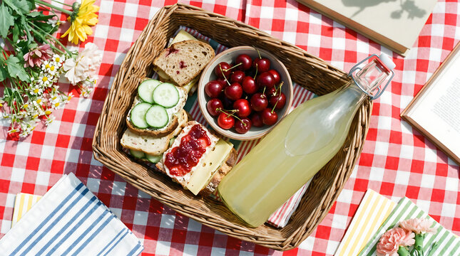 summer picnic basket filled with fresh sandwiches cherries lemonade bottle flowers and books on red checkered tablecloth outdoors leisure food concept with copy space