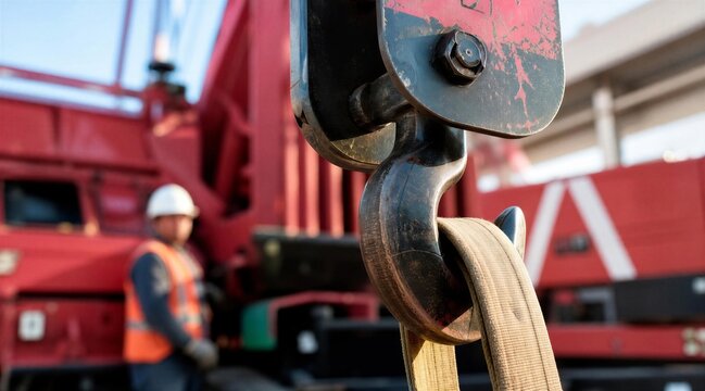Heavy Crane Hook with Lifting Strap and Worker at Construction Site