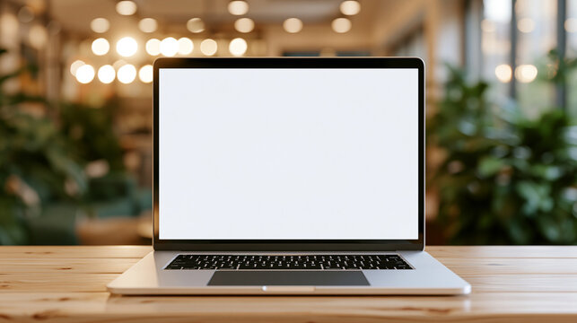 A modern laptop with a blank white screen mockup resting on a wooden desk in a bright, blurred office interior with green plants and warm sunlight.