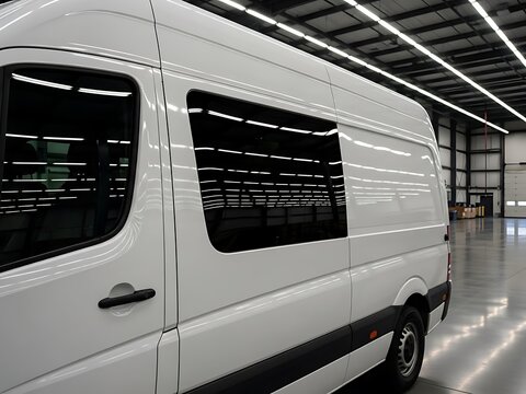 White Commercial Cargo Van in Empty Warehouse, Ready for Delivery  Logistics