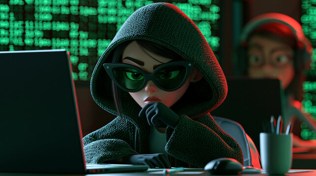 A detailed 3D render of a female cartoon hacker in a dark room, wearing a hoodie and cat-eye glasses, deep in thought while working on a laptop.