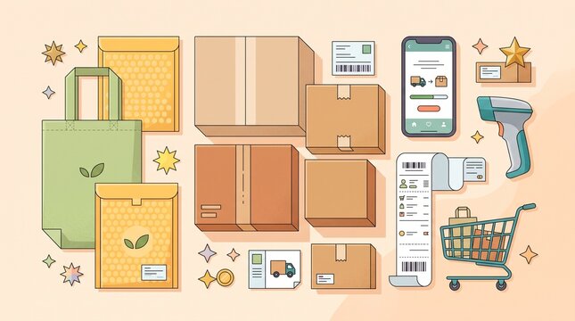 Online shopping packages with cardboard boxes, reusable bag, digital receipt, barcode scanner, cart and smartphone in clean flat design illustration