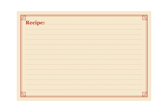 Vintage cream colored recipe card with red border and lines for writing cooking instructions on white background transparent background