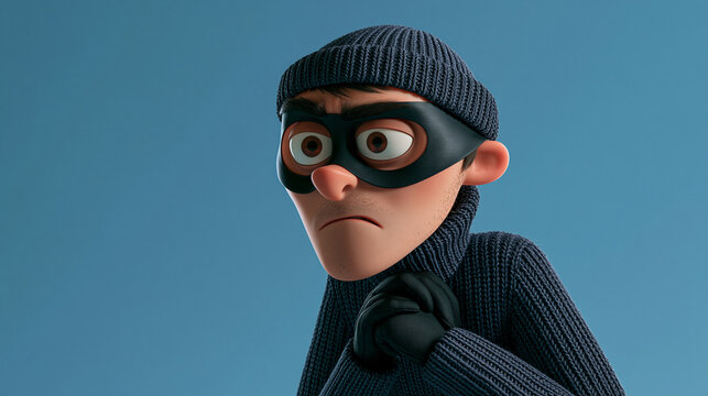 A stylized 3D render of a nervous cartoon burglar with wide eyes, wearing a black mask, beanie, and ribbed turtleneck sweater.