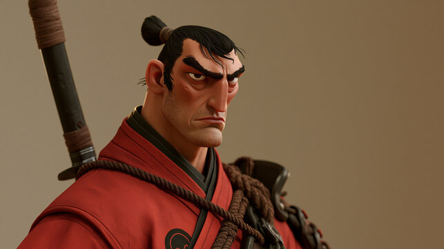 A stylized 3D render of a determined samurai with a topknot, wearing a blue kimono and carrying a katana in a harness, looking intently forward.