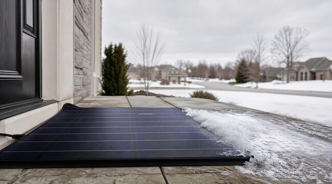 Solar Heated Mat Melting Snow on Winter Home Entrance