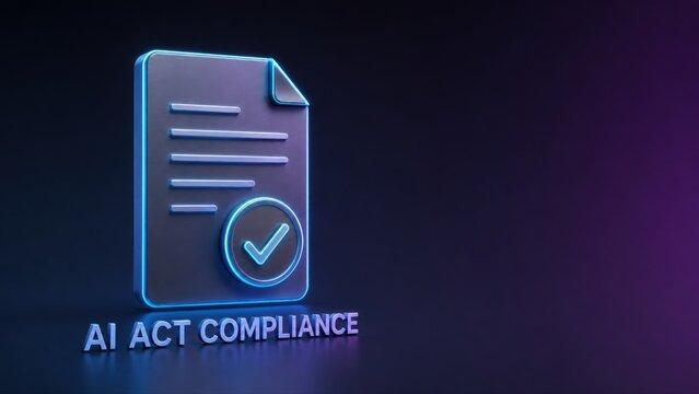 Glowing 3D Document Icon With Checkmark for AI Act Compliance