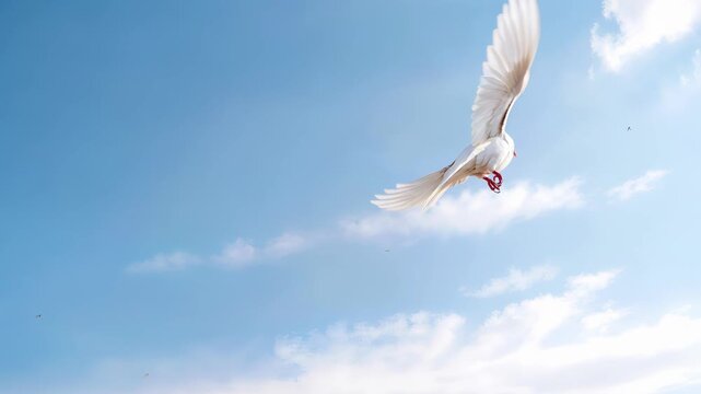Pure white dove taking flight from open human hand. Bird flying into clear blue sky with light clouds. Lockdown wide shot.