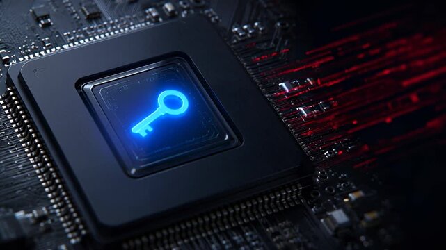 Glowing key icon on computer processor. Encryption and cybersecurity technology with copy space
