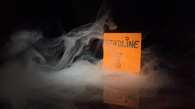 Slow motion orange sticky note with handwritten word DEADLINE in dramatic swirling smoke on black background. Concept of urgency, time pressure, stress and last minute rush.