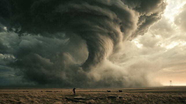 A cinematic shot of a lone person in a vast open field watching a massive, powerful tornado swirl on the horizon under a dramatic stormy sky.