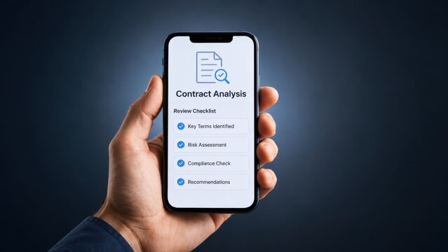 Hand Holding Smartphone With Contract Analysis Review Checklist App