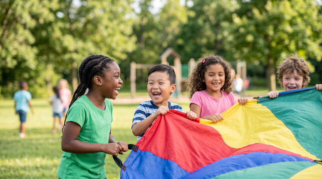 Children sharing a large colorful parachute game in an outdoor playground, cooperation, movement and laughter, diverse representation, simple park background, Children's Day
